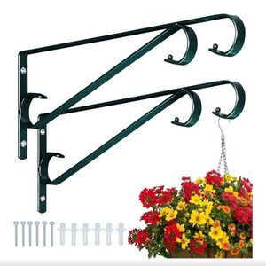 NEW 2-Pack Green Outdoor Metal Wall Bracket Plant Hangers